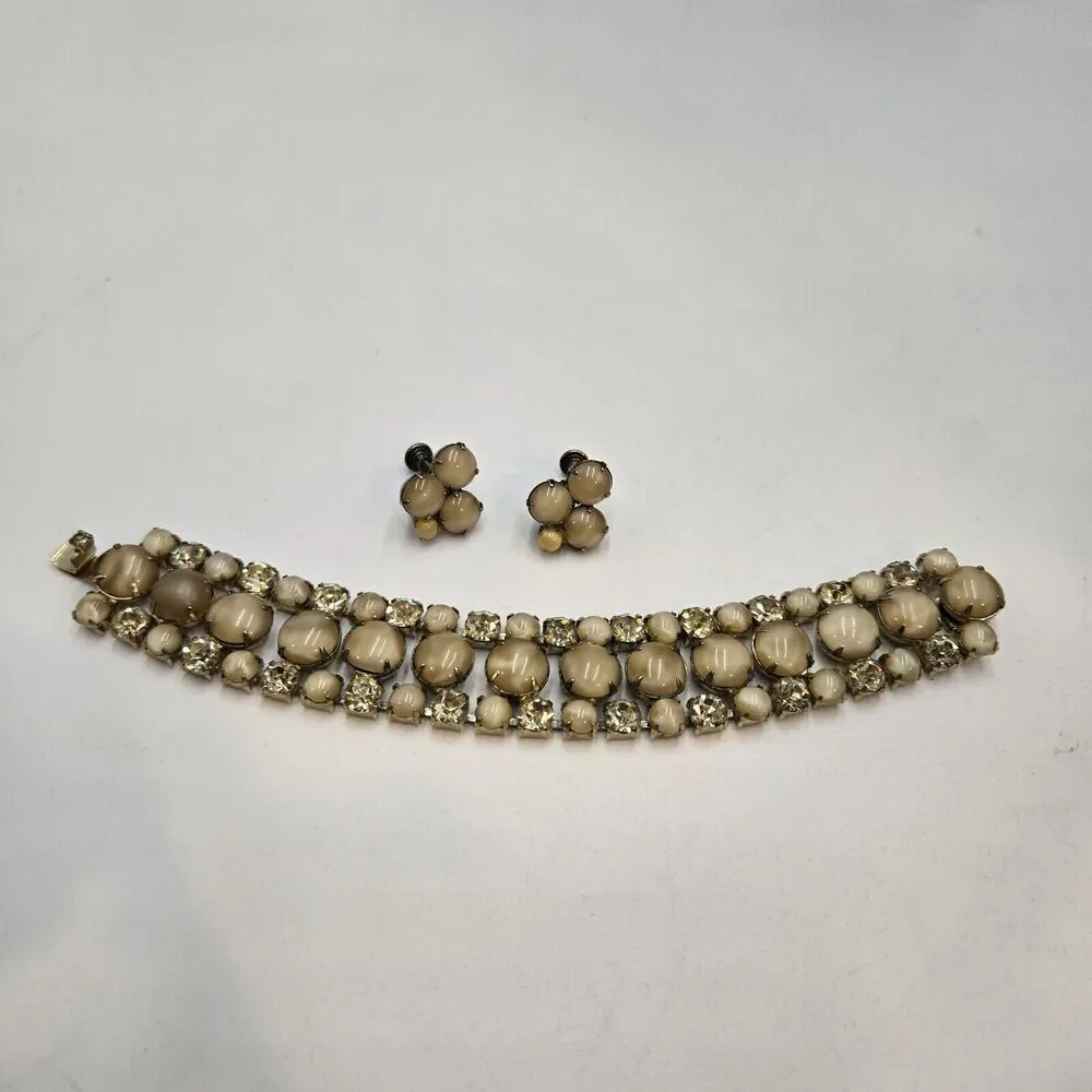 Vintage Moonglow Glass Bracelet And Screwback Earrings Champagne Color 1950s